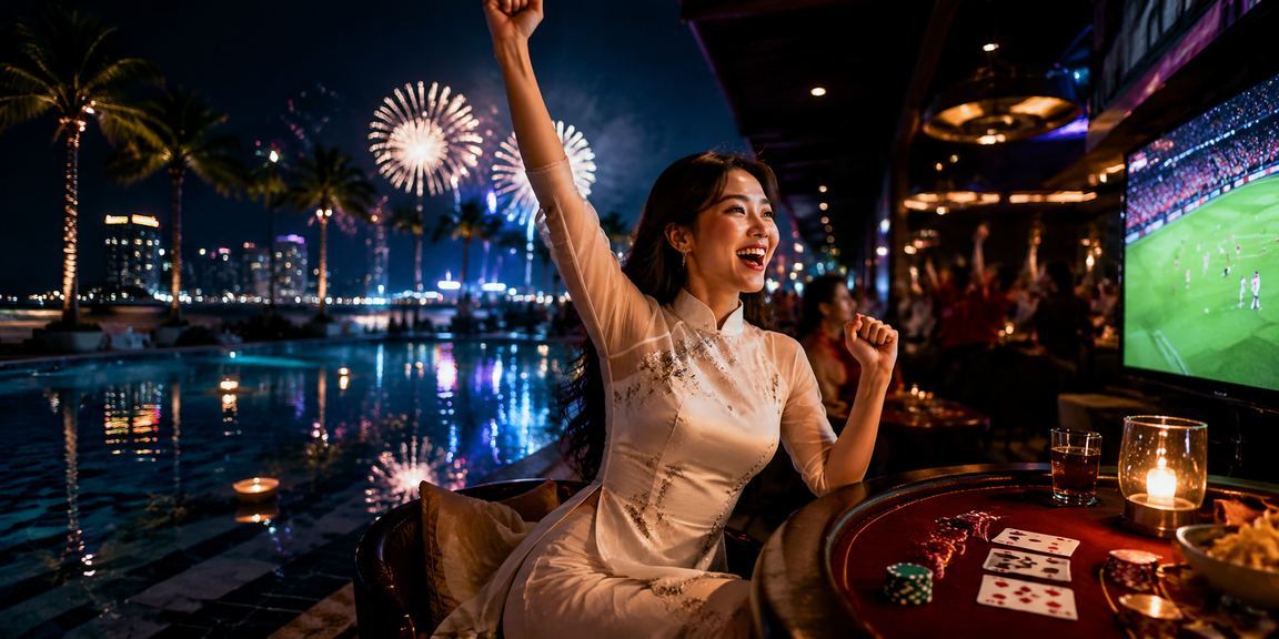 Cảnh chơi card game tại Nha Trang với hình ảnh áo dài truyền thống kết hợp không khí giải trí hiện đại